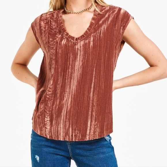 Dear John | Yanis Velvet Crinkled Look Boxy V-neck Top in Praline Brown Size XS - Picture 2 of 6